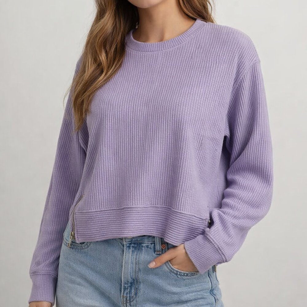 DKNY Sport Lilac Ribbed Long Sleeve Top With Side Zipper Details Size S